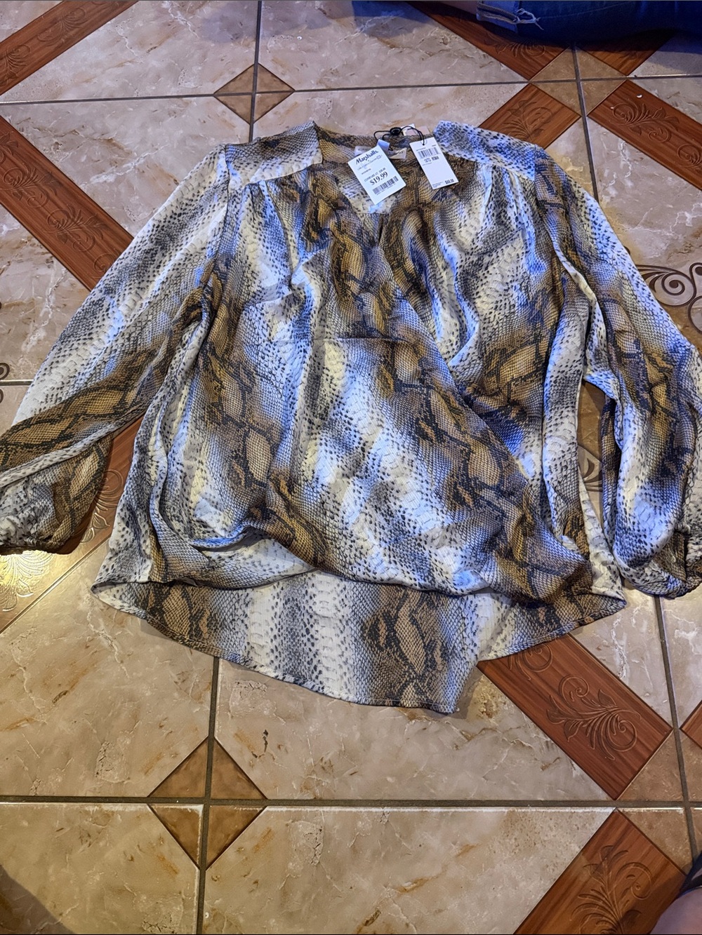 Mango Snake-Print Long Sleeve Blouse in Beige and Gray